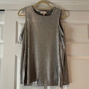 Michael Kors gorgeous round neck  silver evening shirt sz sm stretch material.